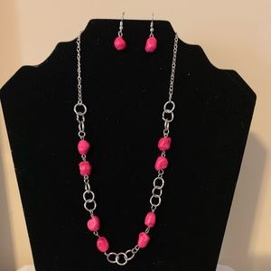 Pink Pebble Stone Silver Necklace with Earrings